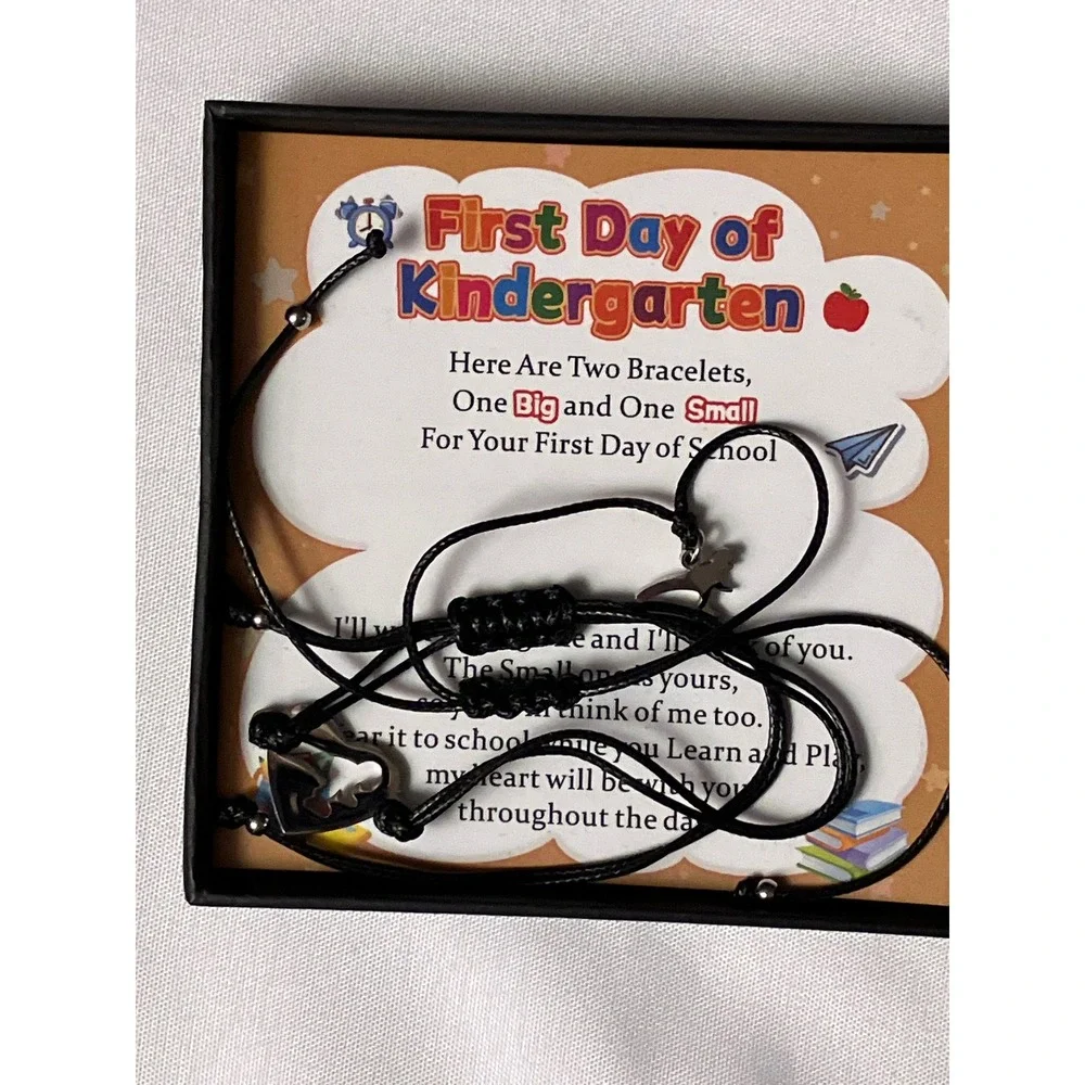 First Day of Kindergarten Mommy and Me Dinosaur Heart Bracelet Set Black Cord